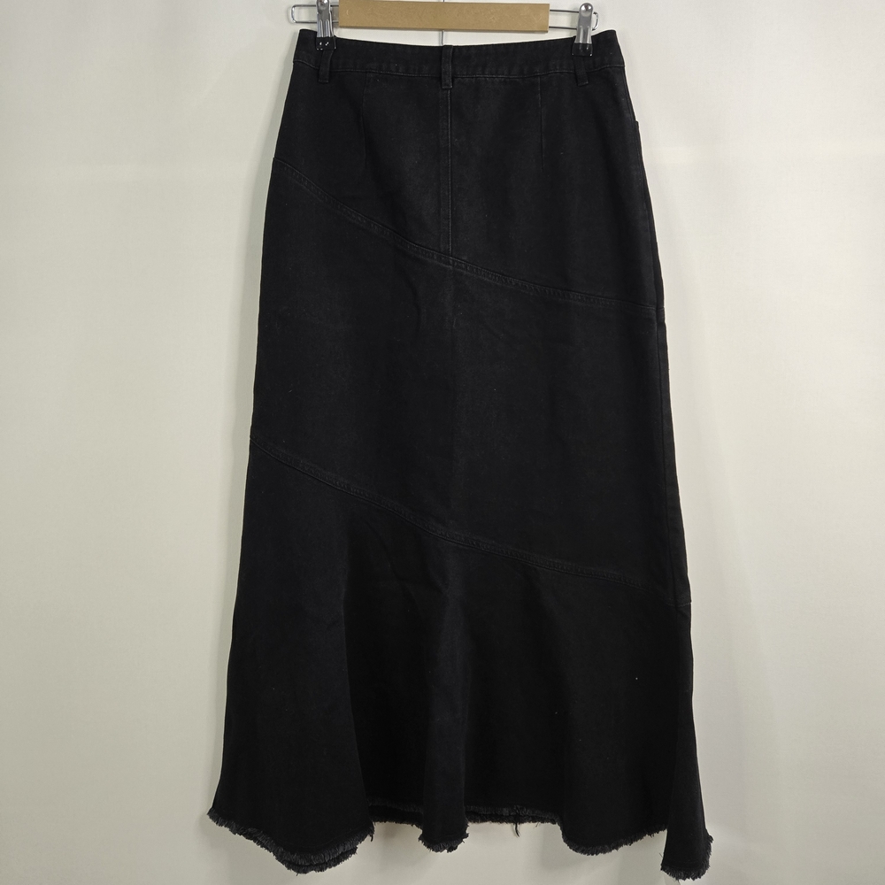 BLANK NYC Size S NWT Tiered Fringe Black Denim Maxi Skirt With Seaming Details